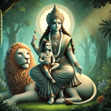 Skandamata, Durga, Hindu goddess, motherhood, Kartikeya, lion, forest, divine feminine, Hindu mythology, Navaratri