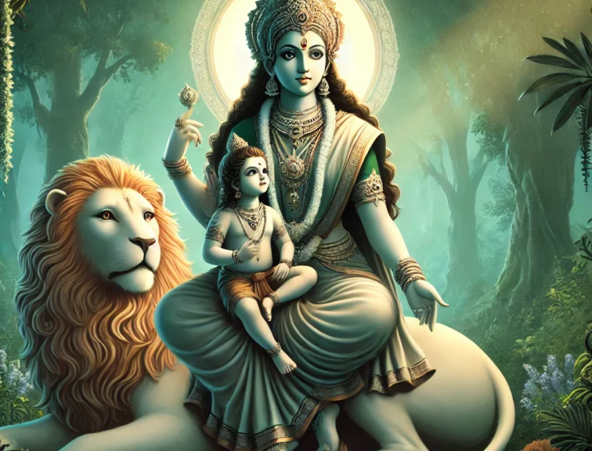 Skandamata, Durga, Hindu goddess, motherhood, Kartikeya, lion, forest, divine feminine, Hindu mythology, Navaratri