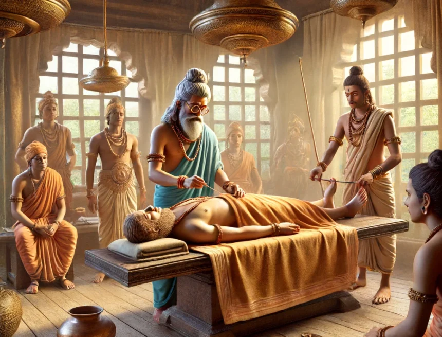 Sushruta__father_of_surgery_performing_surgical_procedure_in_ancient_Indian_setting Sushruta, ancient surgery, traditional Indian medical instruments, historical Indian culture, ancient operation theater, Vedic medicine, surgical procedure, science hub