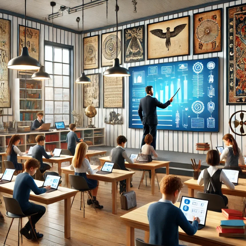 modern classroom, traditional education, contemporary technology, teaching and learning methods, educational integration, students learning, smartboard, ancient scroll, digital devices, educational artifacts