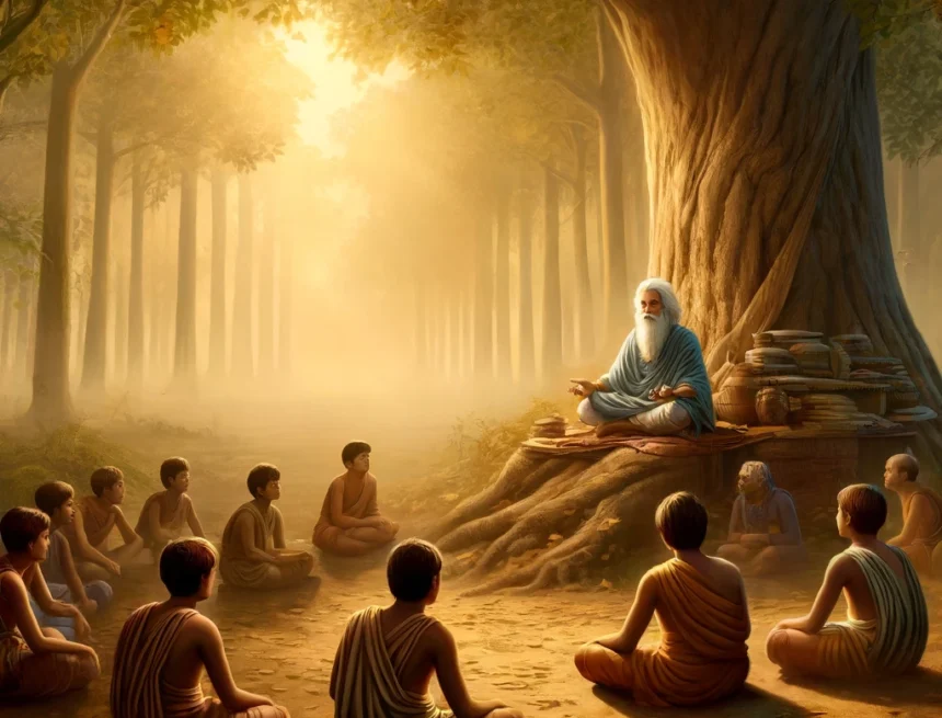 Vedic period, Gurukul system, oral tradition, ancient education, Guru and students, traditional Indian teaching, serene educational setting, ancient scrolls, nature landscape