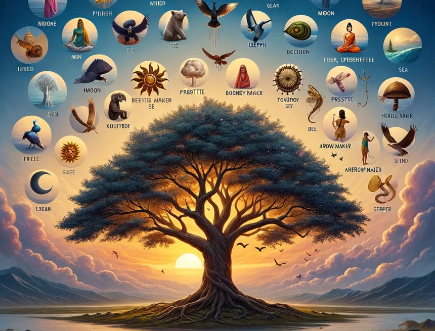 Twentyfour_gurus_Of_Bhagwan_Dattatraya_Hindu_scripture_Shrimad_Bhagwat_Mahapuran twentyfour gurus, Dattatreya, 24 gurus, Hindu philosophy, spiritual teachings, nature symbolism, meditation, sage, serenity, enlightenment, symbolic representation, wisdom tree