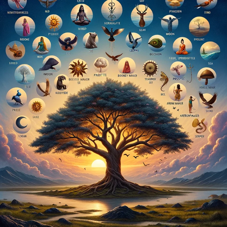 twentyfour gurus, Dattatreya, 24 gurus, Hindu philosophy, spiritual teachings, nature symbolism, meditation, sage, serenity, enlightenment, symbolic representation, wisdom tree