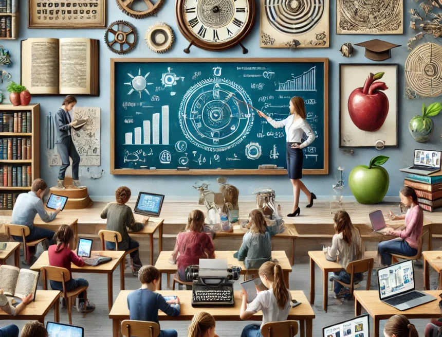blends_traditional_educational_elements_with_modern_technology modern classroom, traditional education, contemporary technology, blended learning, teaching and learning methods, digital education, educational tools, teacher and students, smartboard, ancient scroll