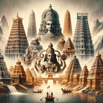 Hindu deities, Indian temples, Dravidian architecture, religious art, spiritual landscape, mythical illustration, temple complex, cultural heritage, sacred sites, divine representation