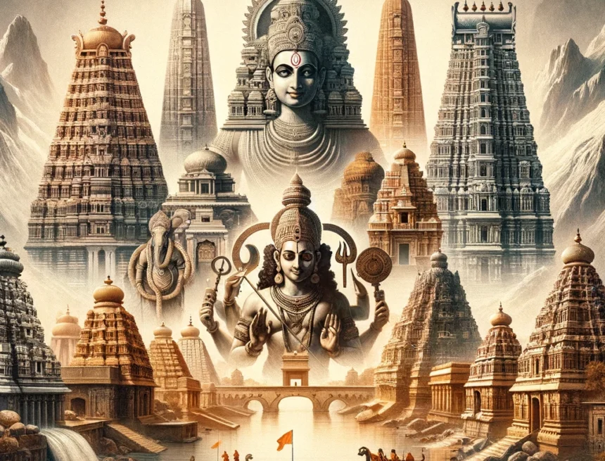 five_famous_temples_dedicated_to_Lord_Rama Hindu deities, Indian temples, Dravidian architecture, religious art, spiritual landscape, mythical illustration, temple complex, cultural heritage, sacred sites, divine representation