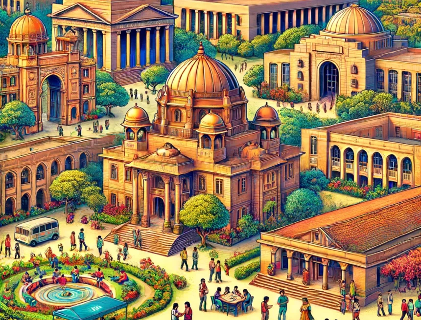 iconic_buildings_from_top_institutions_of_higher_learning_in_India Indian educational institutions, TIFR, IITs, IIMs, AIIMS, higher education, architecture, students, campus life, diversity, academic activities, Indian universities.