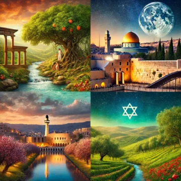 Hinduism, Judaism, Christianity, Islam, religious unity, secular values, ancient wisdom, modern society, peaceful landscape, serene, harmony, interfaith, Tolerance