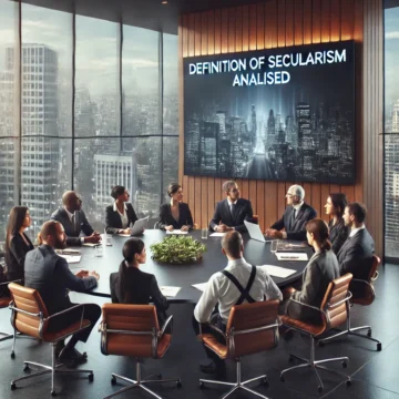 conference room, diverse people, business attire, serious discussion, modern office, cityscape, secularism, meeting, teamwork, collaboration, Definition of secularism analyzed