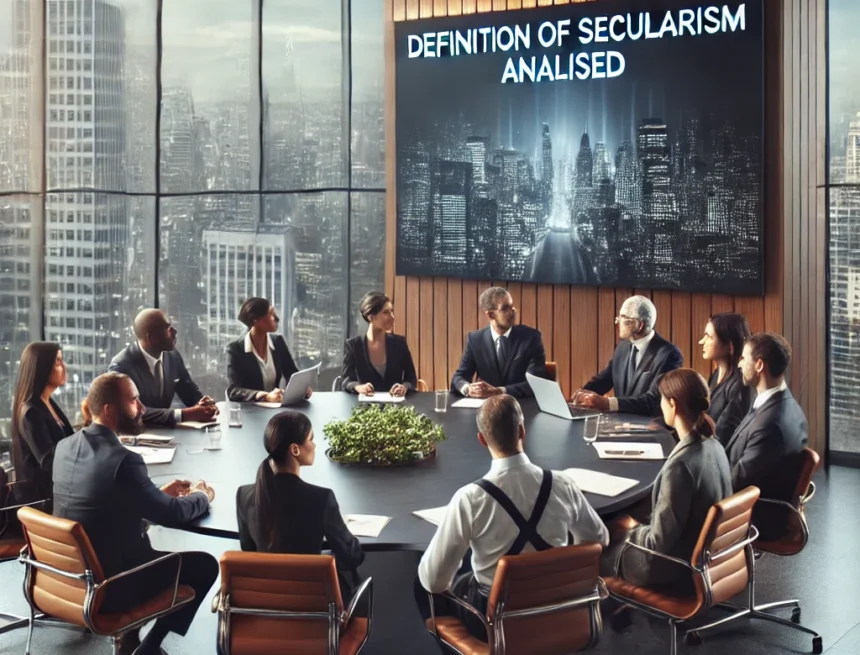 conference room, diverse people, business attire, serious discussion, modern office, cityscape, secularism, meeting, teamwork, collaboration, Definition of secularism analyzed