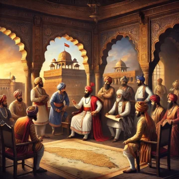 Balaji Bajirao, Maratha Empire, Indian history, Peshwa, 18th century India, Maratha court, traditional attire, strategic meeting, historical architecture