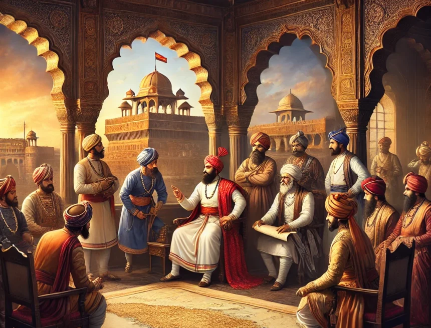 18th-century_scene_in_the_court_of_Balaji_Bajirao Balaji Bajirao, Maratha Empire, Indian history, Peshwa, 18th century India, Maratha court, traditional attire, strategic meeting, historical architecture