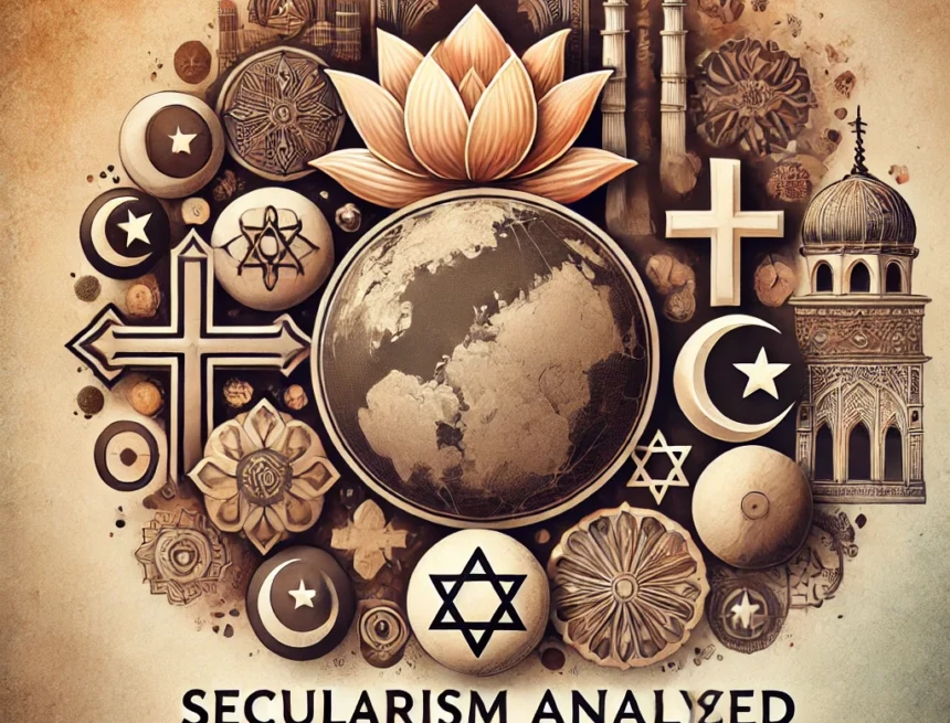 A_Recap_of_Our_Exploration_of_Secularism_Across_Different_Religious_Traditions secularism, world religions, Hinduism, Judaism, Christianity, Islam, Buddhism, religious symbols, blog banner, digital art
