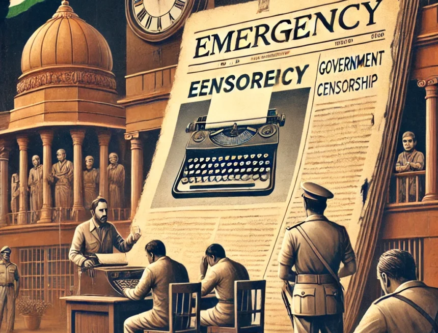 A_historical_scene_depicting_India_during_1975_Emergency Emergency in India, press freedom, censorship, 1975, Indira Gandhi, government control, blank editorial, historical depiction