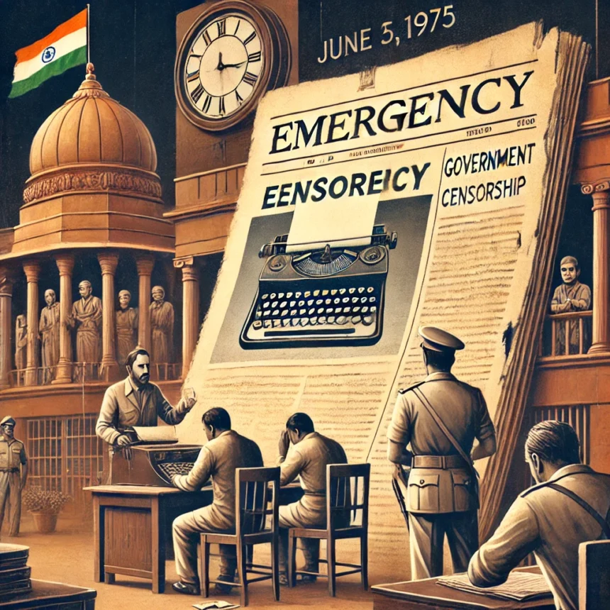 Emergency in India, press freedom, censorship, 1975, Indira Gandhi, government control, blank editorial, historical depiction