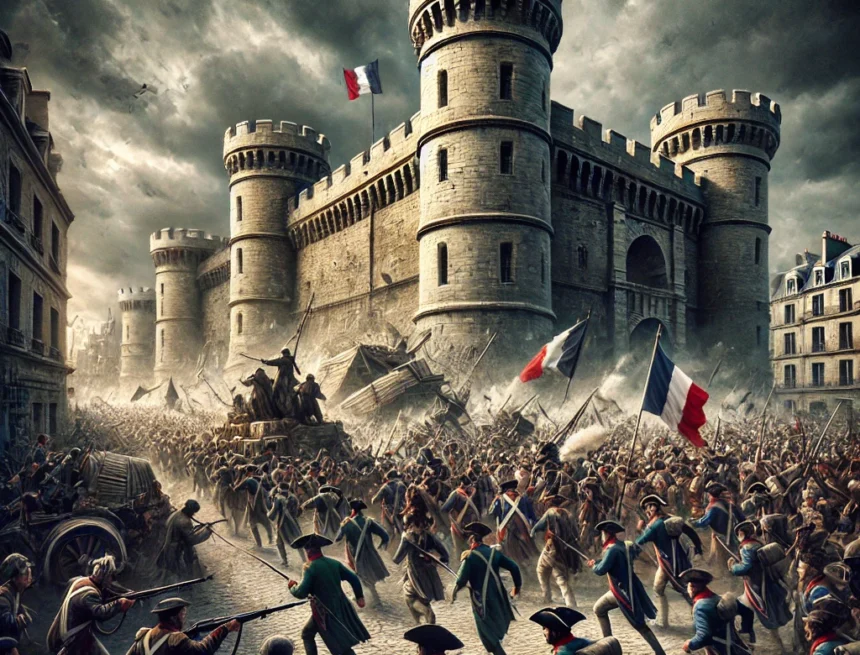 French Revolution, Bastille Day, July 14 1789, storming of the Bastille, revolutionaries, historical event, liberation, dramatic scene, medieval fortress, oppression