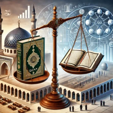 Islamic teachings, secular principles, Quran, secular laws, justice, equality, ethical governance, mosque, courthouse, balance scale, religious and secular governance, Secularism in Islam