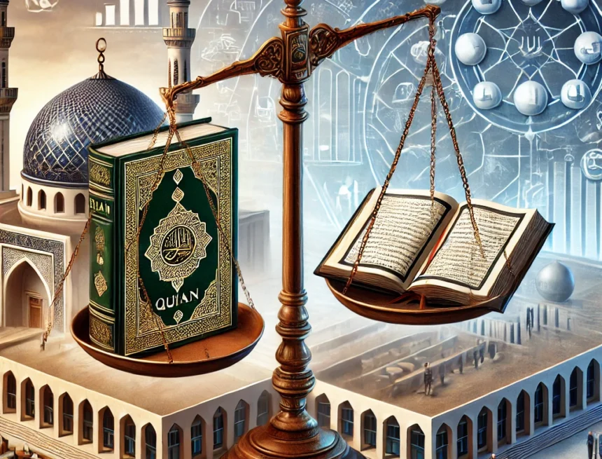 Balance_scale_with_the_Quran_on_one_side_and_a book_labeled_Secular_Laws_on_the_other Islamic teachings, secular principles, Quran, secular laws, justice, equality, ethical governance, mosque, courthouse, balance scale, religious and secular governance, Secularism in Islam