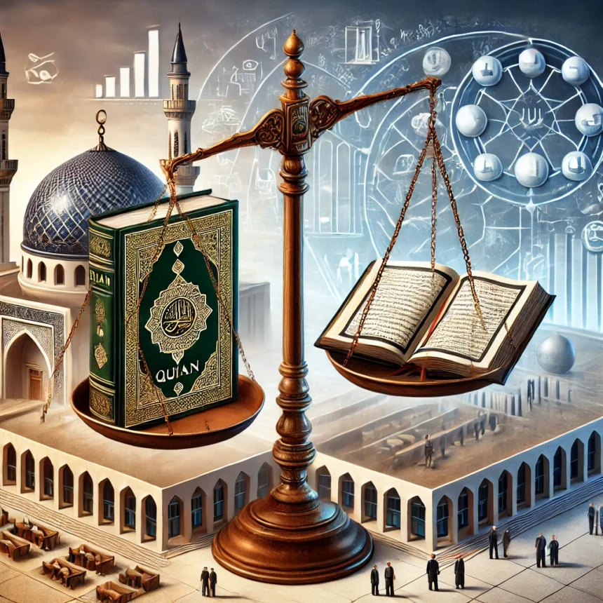 Islamic teachings, secular principles, Quran, secular laws, justice, equality, ethical governance, mosque, courthouse, balance scale, religious and secular governance, Secularism in Islam