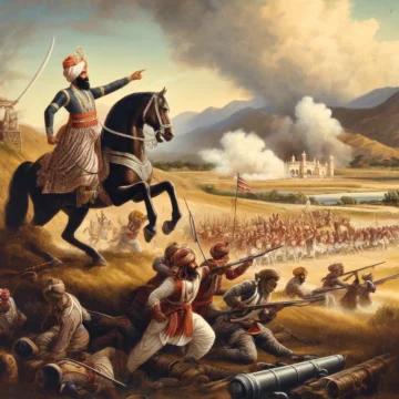 Maharaja Ranjit Singh, Battle of Attock, Maratha cavalry, historical painting, military action, Indus River, South Asian history, classical battle scene, vibrant colors, strategic command, maharaja