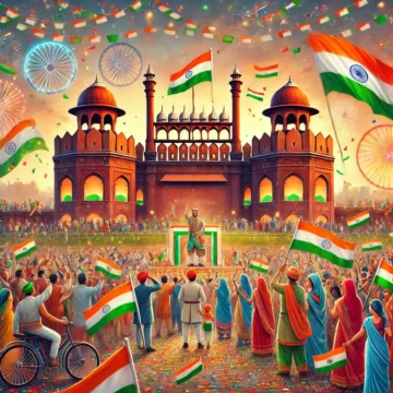 India Independence Day, Red Fort, Delhi, celebration, national pride, Indian tricolor, historic monument, crowd, flags, joyous occasion