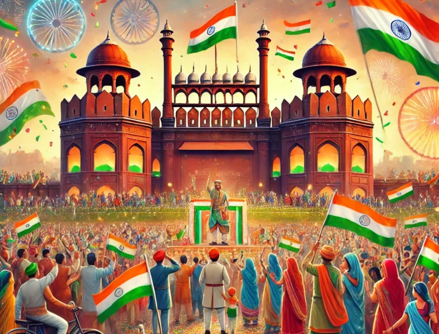 India Independence Day, Red Fort, Delhi, celebration, national pride, Indian tricolor, historic monument, crowd, flags, joyous occasion
