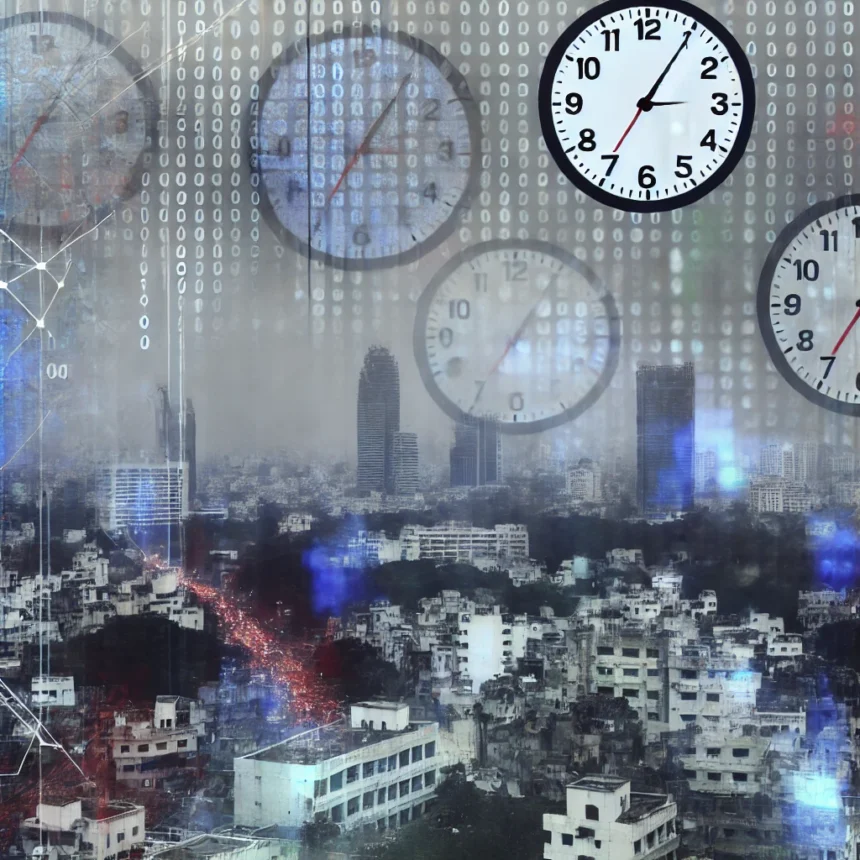 abstract, cityscape, digital clocks, blurred figures, urgency, chaos, modern art, Bangalore, terrorism, resilience, network lines, muted colors, terrorism