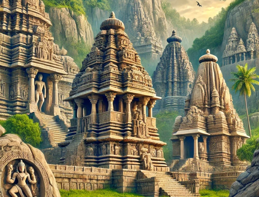 Digital_artwork_showcasing_oldest_Hindu_temples_Inndia Hindu temples, ancient temples, Indian architecture, cultural heritage, spirituality, rock-cut sculptures, temple carvings, historical sites, lush greenery, mythological scenes, oldest indian temples