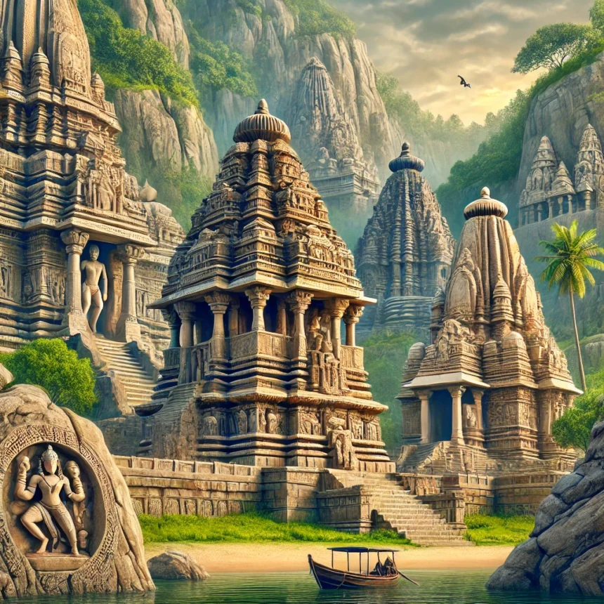 Hindu temples, ancient temples, Indian architecture, cultural heritage, spirituality, rock-cut sculptures, temple carvings, historical sites, lush greenery, mythological scenes, oldest indian temples