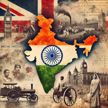 British colonial period, vintage map of India, Union Jack, Ashoka Chakra, Partition of India, Bengal Famine, historical collage, British imperialism, Indian culture, colonial legacy