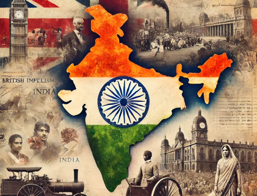 Digital_collage_representing_British_colonial_period_India_British_and_Indian_cultural_elements British colonial period, vintage map of India, Union Jack, Ashoka Chakra, Partition of India, Bengal Famine, historical collage, British imperialism, Indian culture, colonial legacy
