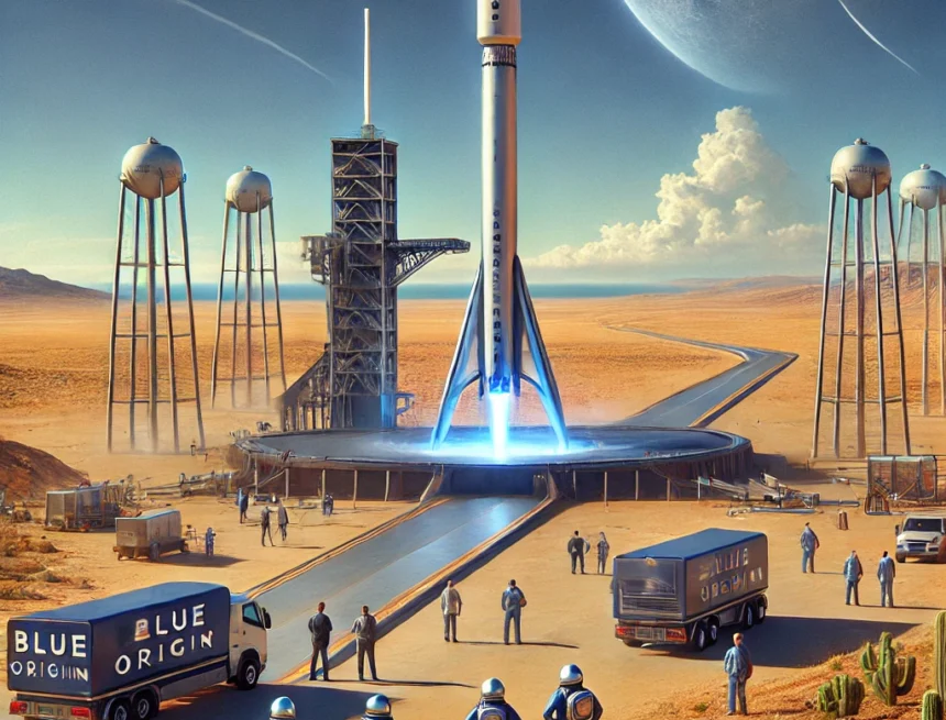 Blue Origin, New Shepard, spaceport, rocket launch, commercial space travel, futuristic, engineers, astronauts, desert landscape, innovation in spaceflight