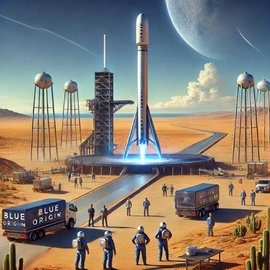 Blue Origin, New Shepard, spaceport, rocket launch, commercial space travel, futuristic, engineers, astronauts, desert landscape, innovation in spaceflight