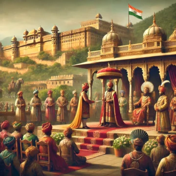 Jaipur, historical event, Rajput heritage, Bhim Singh, Ratan Singh, Amber Fort, Rajput palace, power transition, ceremonial sword, traditional attire, Indian history, 16th century, cultural heritage, Rajasthan.