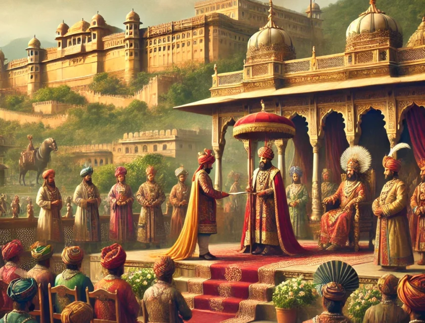 Digital_image_historic_transition_power_Jaipur_July_22_1537_from_Maharaja_Bhim_Singh_to_his_successor_Ratan_Singh Jaipur, historical event, Rajput heritage, Bhim Singh, Ratan Singh, Amber Fort, Rajput palace, power transition, ceremonial sword, traditional attire, Indian history, 16th century, cultural heritage, Rajasthan.