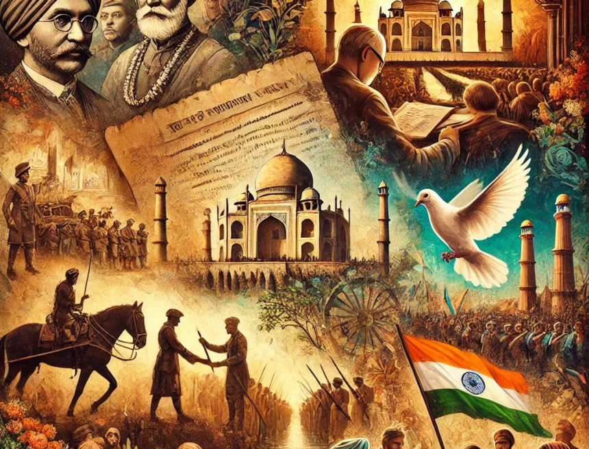 Events of_27th_week_of history historical events, India Independence Day, cultural milestones, political milestones, ancient battle, modern celebration, vibrant painting, digital art, history progression, India