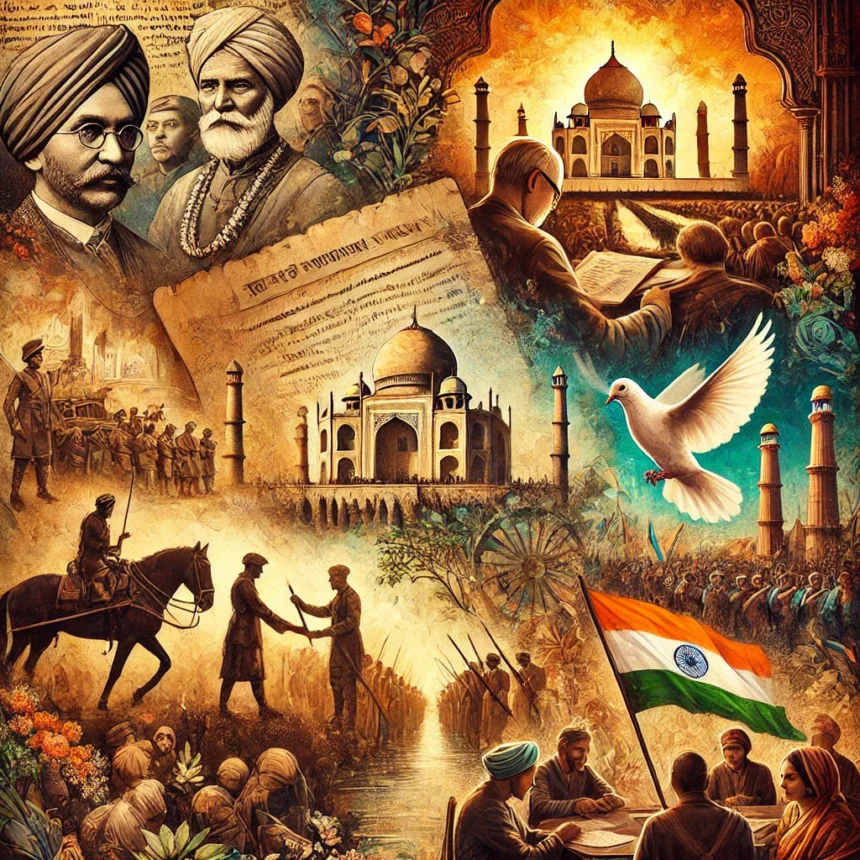 historical events, India Independence Day, cultural milestones, political milestones, ancient battle, modern celebration, vibrant painting, digital art, history progression, India