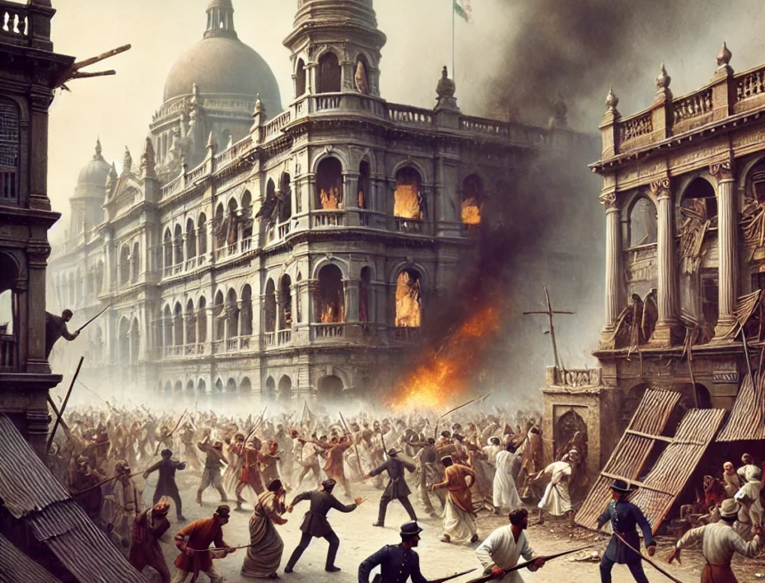 Historical_scene_depicting_Calcutta_Riots_1926_with_background_of_colonial-era_buildings_Calcutta Calcutta Riots, 1926 Riots, colonial Calcutta, communal conflict, British Raj, street violence, historical event, mob clash, colonial police, urban chaos