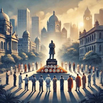 Ramabai killings, Sanatan Dharma, caste divide, Dr. B.R. Ambedkar, Mumbai cityscape, memorial site, urban setting, reflective scene, diverse group, Indian society, Sanatana Dharma and Caste Divide