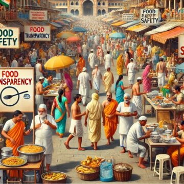 Hindu pilgrimage, Indian street scene, food stalls, traditional attire, vibrant market, food safety, hygiene transparency, cultural diversity, traditional architecture, bustling activity