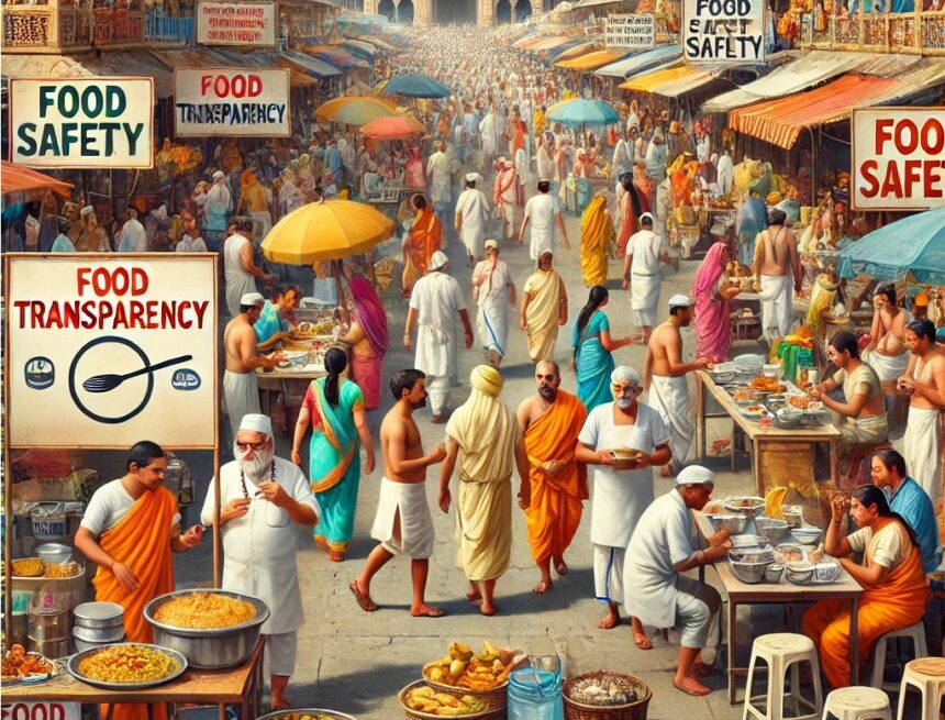 Indian_street_scene_food_stalls_eateries_along_Hindu_pilgrimage_route_emphasizing_hygiene Hindu pilgrimage, Indian street scene, food stalls, traditional attire, vibrant market, food safety, hygiene transparency, cultural diversity, traditional architecture, bustling activity
