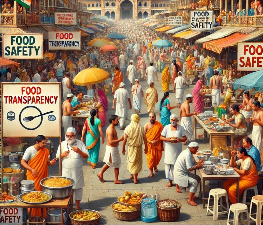 Hindu pilgrimage, Indian street scene, food stalls, traditional attire, vibrant market, food safety, hygiene transparency, cultural diversity, traditional architecture, bustling activity