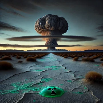 New Mexico desert, mushroom cloud, atomic bomb, Fat Man, nuclear test, trinitite, dawn, atomic age, historical landmark, transformative power