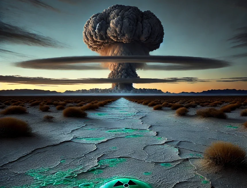 New_Mexico_desert_at_dawn_with_mushroom_cloud_background_after_detonation_of_Fat_Man_Nuke_Bomb New Mexico desert, mushroom cloud, atomic bomb, Fat Man, nuclear test, trinitite, dawn, atomic age, historical landmark, transformative power