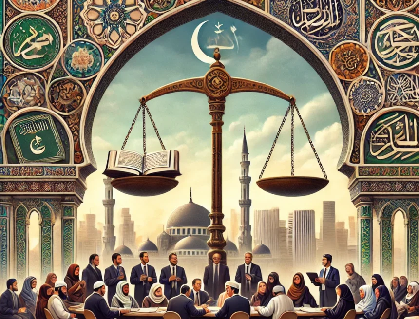 Secularism_in_Islam_which_features_symbolic_elements_balance_scale_an_open_Quran secularism in Islam, balance scale, open Quran, Islamic architecture, multicultural discussion, traditional and modern blend, justice symbol, ornate archway, diverse ethnicities, religious dialogue