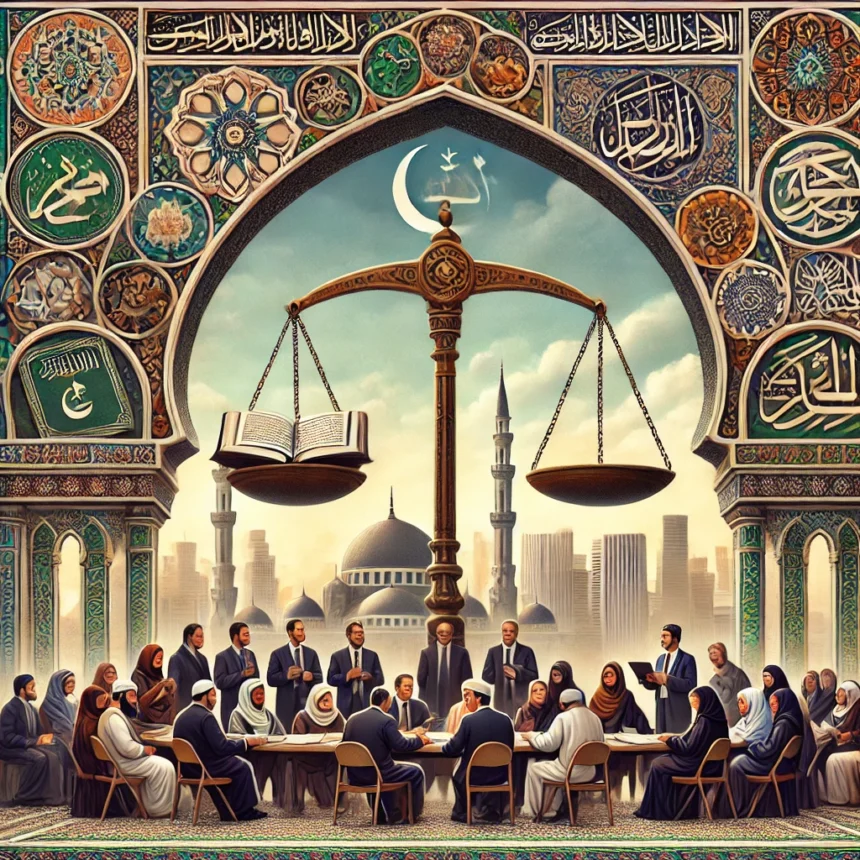 secularism in Islam, balance scale, open Quran, Islamic architecture, multicultural discussion, traditional and modern blend, justice symbol, ornate archway, diverse ethnicities, religious dialogue