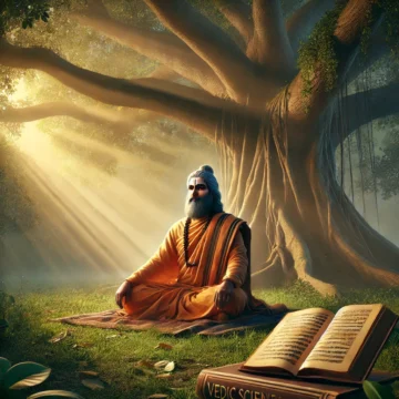 Hindu guru, Chandrasekharendra Saraswati, meditative pose, ancient tree, Vedic science, Hindu philosophy, saffron robes, spiritual enlightenment, tranquil setting, ancient scriptures