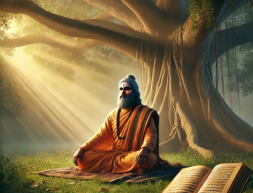 Serene_and_scholarly_representation_of_a_Hindu_guru_in_a_meditative_pose Hindu guru, Chandrasekharendra Saraswati, meditative pose, ancient tree, Vedic science, Hindu philosophy, saffron robes, spiritual enlightenment, tranquil setting, ancient scriptures