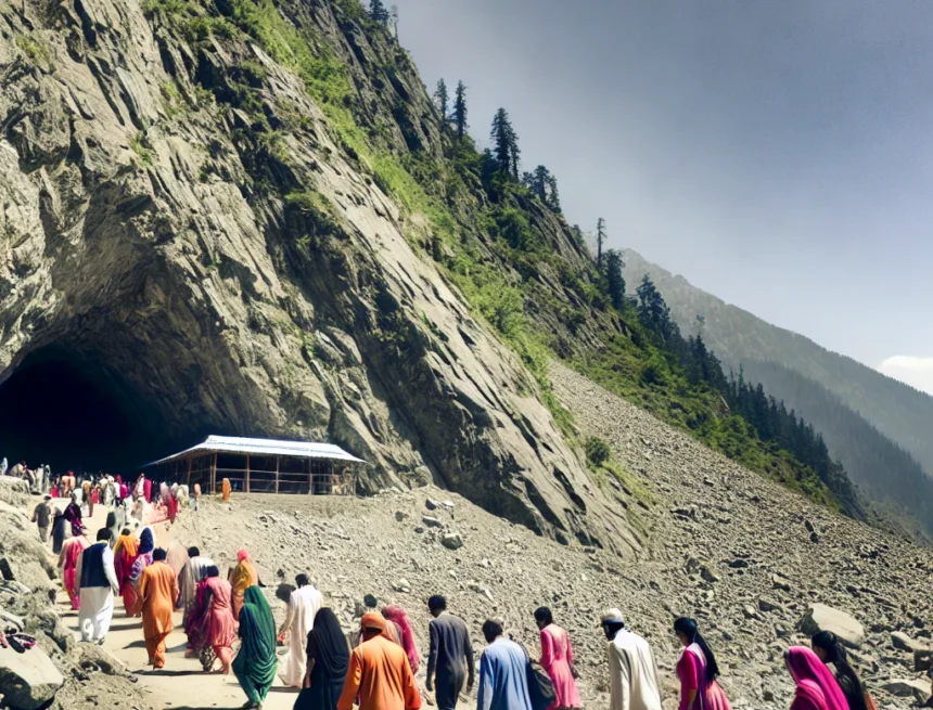 Spiritual_landscape_of_the_Amarnath_Cave_with_Hindu_pilgrims2 Amarnath Cave, Hindu pilgrims, Kashmir, Himalayas, spiritual journey, religious pilgrimage, traditional Indian attire, serene landscape, majestic mountains, clear skies