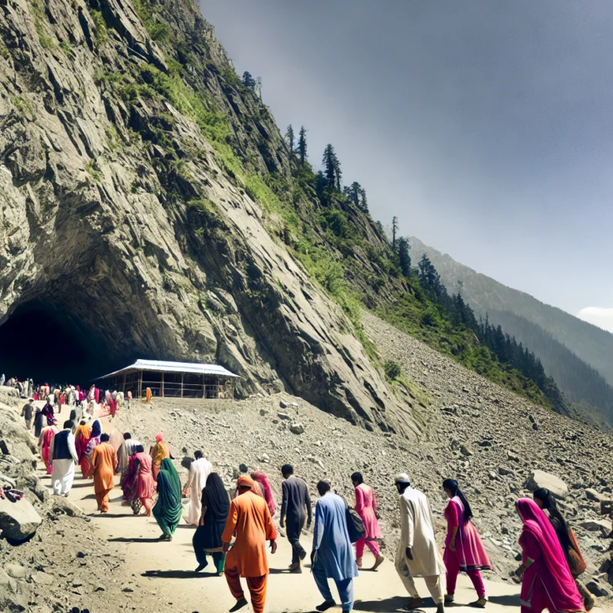 Amarnath Cave, Hindu pilgrims, Kashmir, Himalayas, spiritual journey, religious pilgrimage, traditional Indian attire, serene landscape, majestic mountains, clear skies